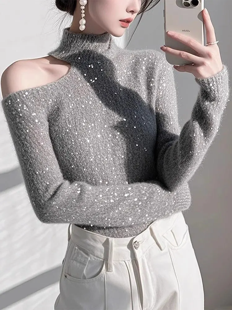 

Knitted Sweater Off Shoulder Pullovers Sweater for Women Long Sleeve Turtleneck Female Jumper Sexy Clothing New 2025 Silver