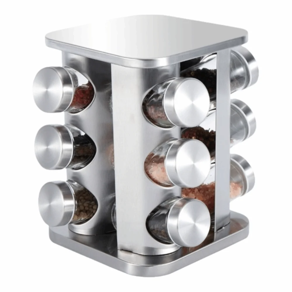 

Stainless Steel ‌Rotating Spice Rack with Glass Bottle Multi Layer Steel Seasoning Holder‌ Round Spice Jar Storage Storage Set