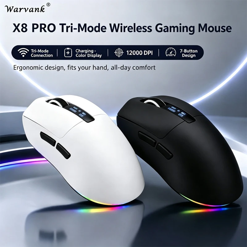 Warvank X8 PRO Wireless Gaming Mouse Tri-Mode 2.4G Bluetooth Wired 12000DPI Adjustable Rechargeable Charging Dock Esports Office