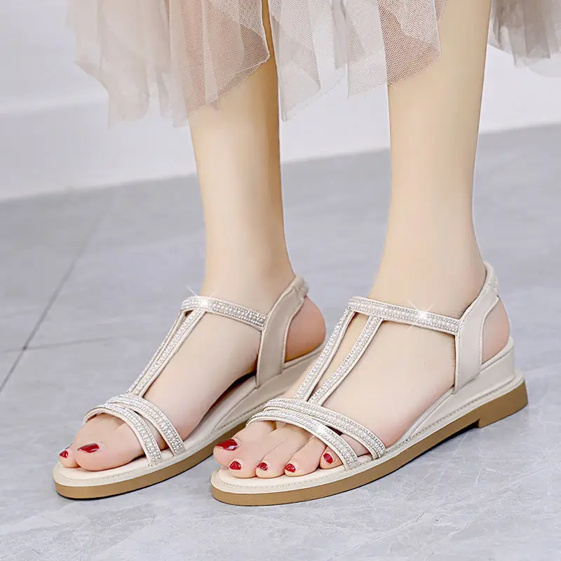 النساء Strappy صنادل عالية الكعب الصيف المفتوحة تو منصة حذاء بكعب ويدج تنفس سميكة القاع عادية Zapato Tacon Bajo Mujer 2022