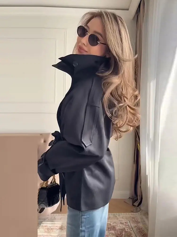 Elegant Belt Women's Short Trench Coat Stand Collar Long Sleeve Double Breasted Windbreaker 2026 Autumn Lady Commute Jacket 6