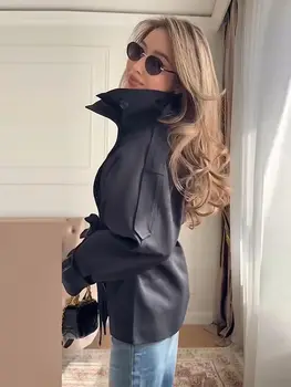 Elegant Belt Women's Short Trench Coat Stand Collar Long Sleeve Double Breasted Windbreaker 2026 Autumn Lady Commute Jacket 6