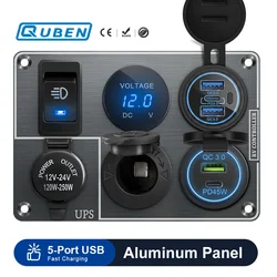 Araba şarjı çok fonksiyonlu alüminyum Panel up çakmak soketi çift portlu USB QC3.0 12V 24V RV yat seyahat römorkları için