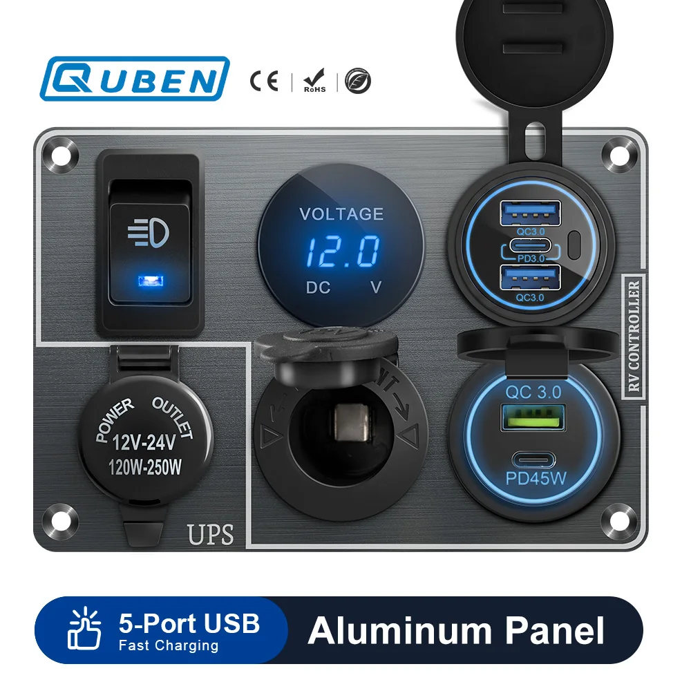 Car Charger Multi-Functions Aluminum Panel UPS Cigarette Lighter Socket Dual Port USB QC3.0 12V 24V for RV Yacht Travel Trailers
