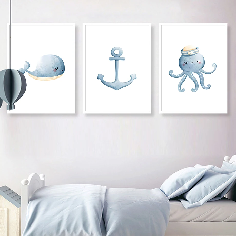 Cute Whale Octopus Starfish Sail Boat Anchor Hat Blue Marine Life Nursery Wall Art Canvas Posters Home Pictures Kids Room Decor