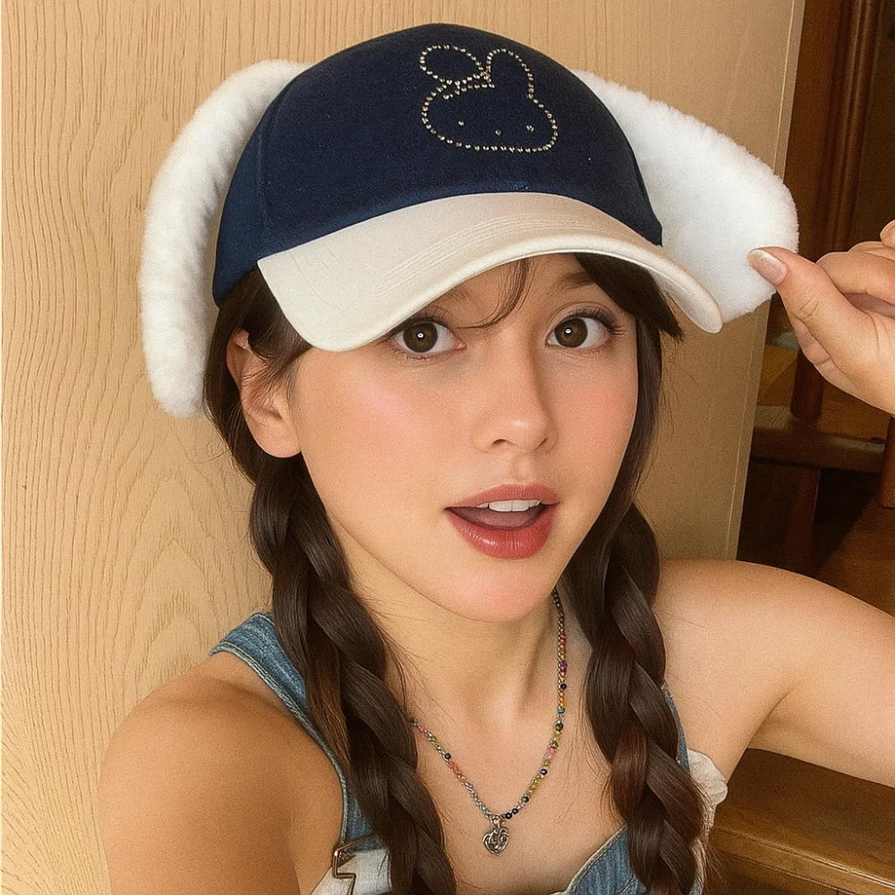 

Casual Cute Baseball Cap Y2k Plush Rabbit Ear Peaked Cap Versatile Rhinestone Visors Hat Girls