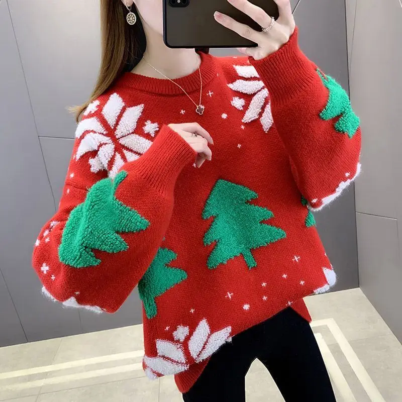 Christmas Sweater New Loose Velvet Thickened Knitted Bottoming Shirt Women Autumn and Winter Red Top