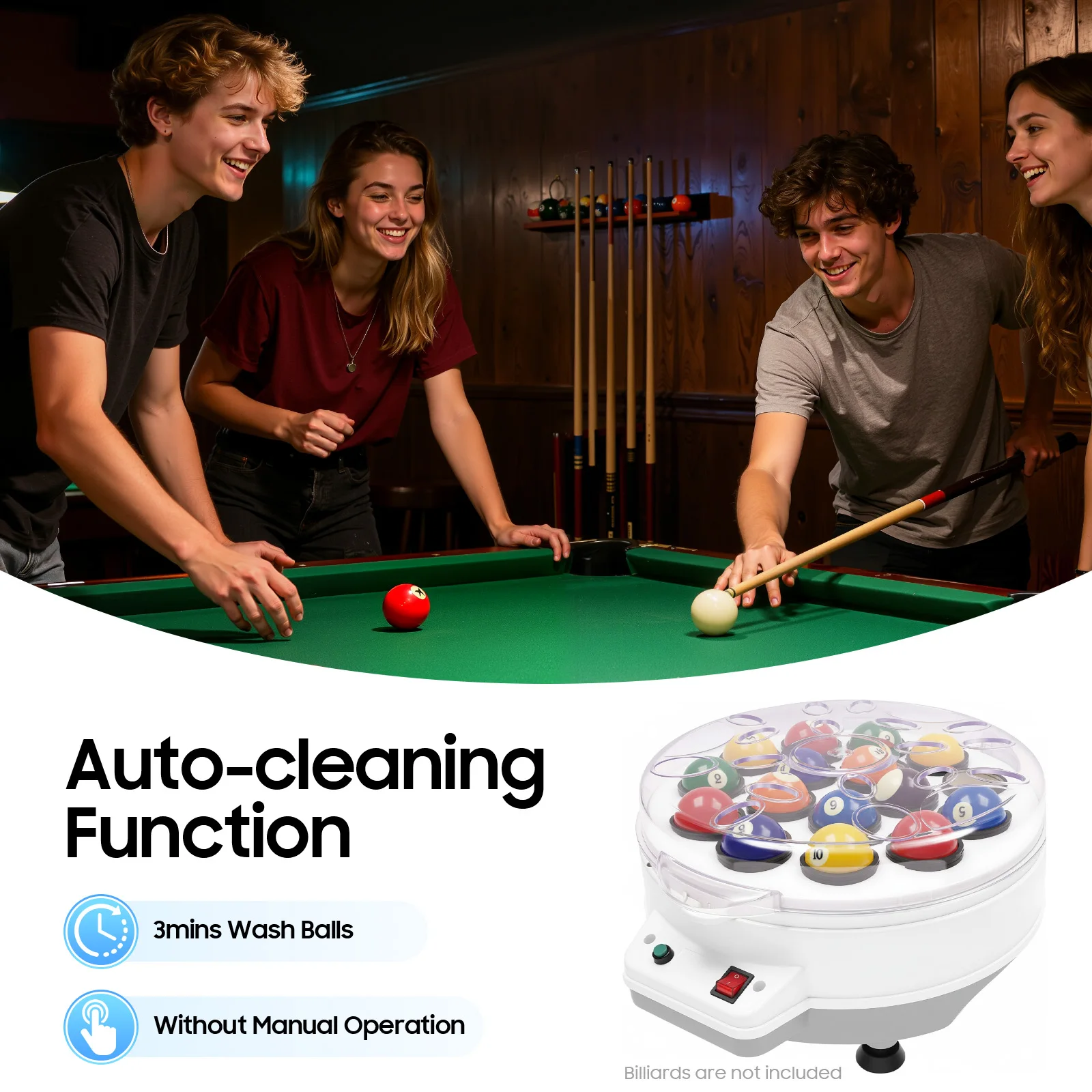Pool Ball Cleaner, Polisher Automatic Pool Cleaning Kit, 16 Billiard Balls, Electric Table Top, Polisher, Cleaning Machine White