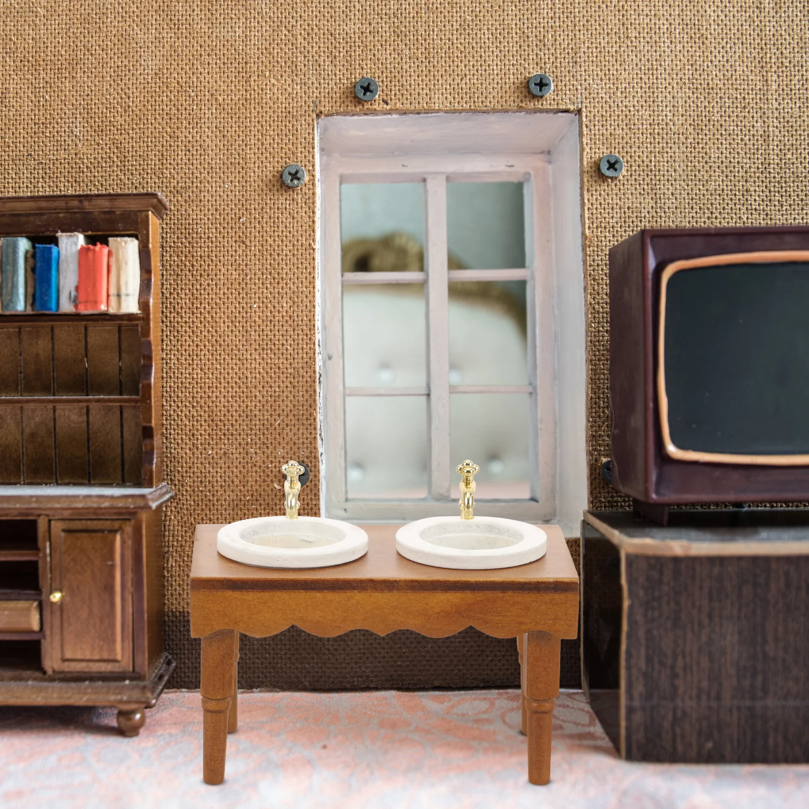 Mini muebles de baño, lavabo de madera en miniatura, suministro para el hogar marrón claro, diseño artesanal realista, Mini hogar