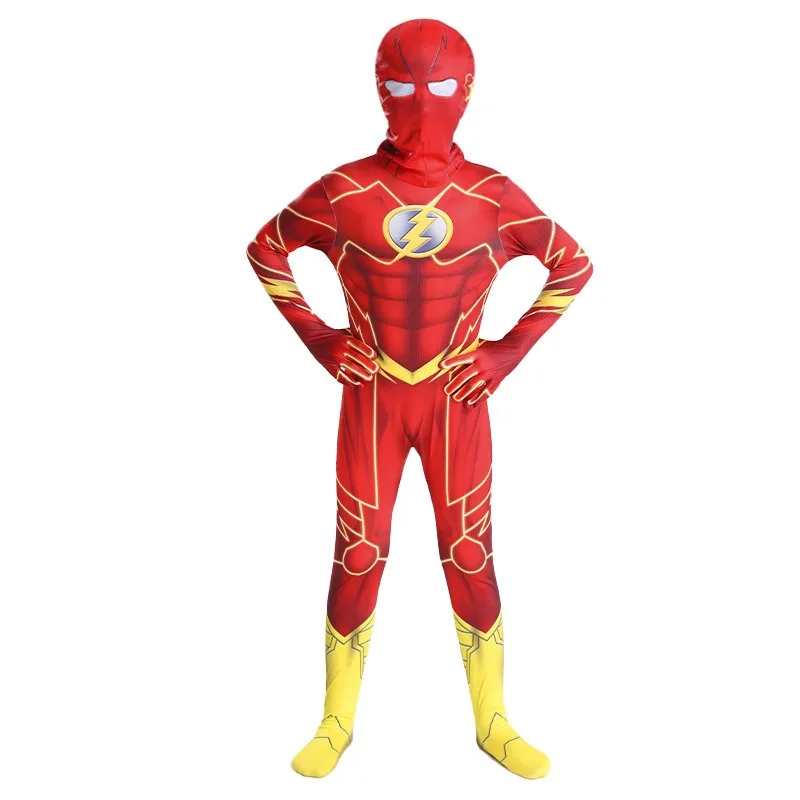 MINISO Kids Adult Superhero Flash Man Cosplay Costume Bodysuit Mask Flash Man Jumpsuit Halloween Carnival Party Costumes