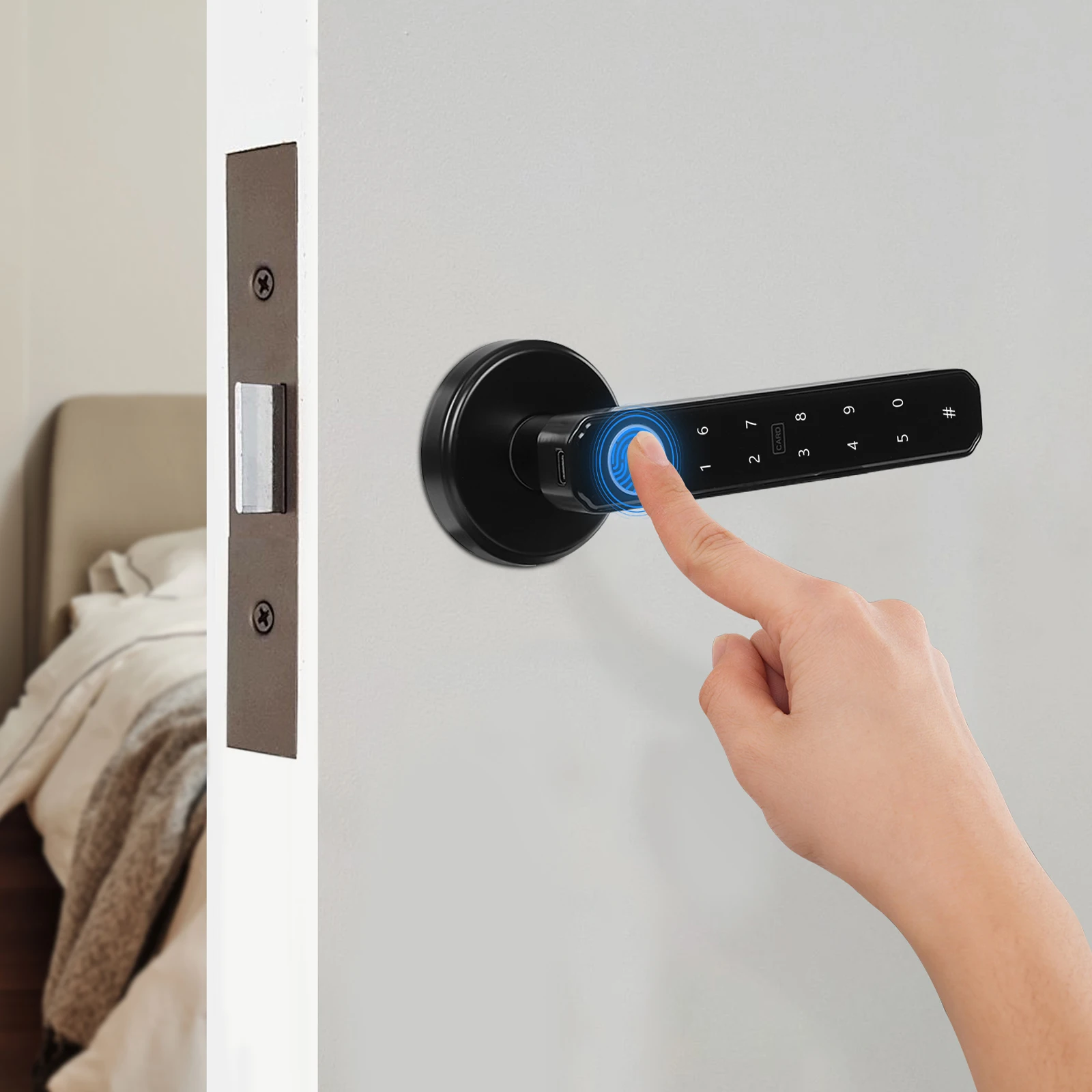 

Black Fingerprint Door Lock, Aluminum Alloy Smart Door Knob, Smart Door Handle Lock Applicable Door Thickness 35-55mm