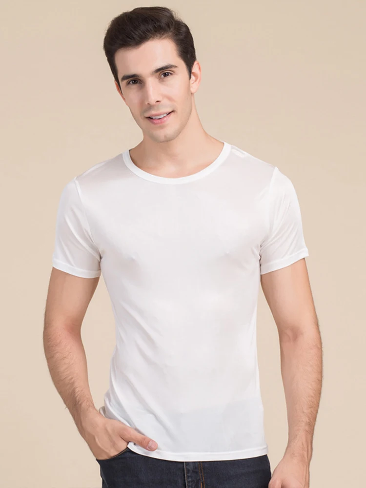 SuyaDream Men T shirt 100%Natural Silk O neck Short Sleeved Chic Solid Tee 2022 New Spring Summer Top White