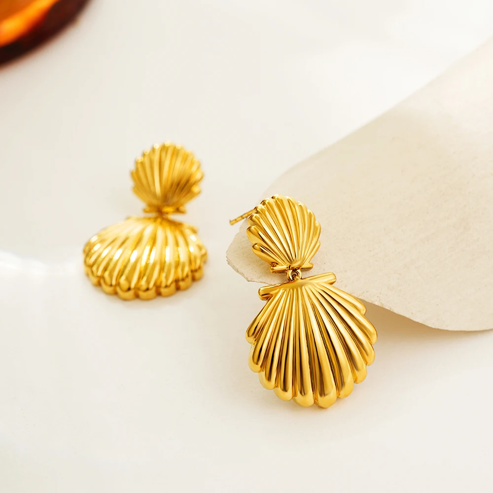 Shell Textured Metal Stainless Steel Drop Earrings Summer Beach Holiday Waterproof Charm Jewelry for Women