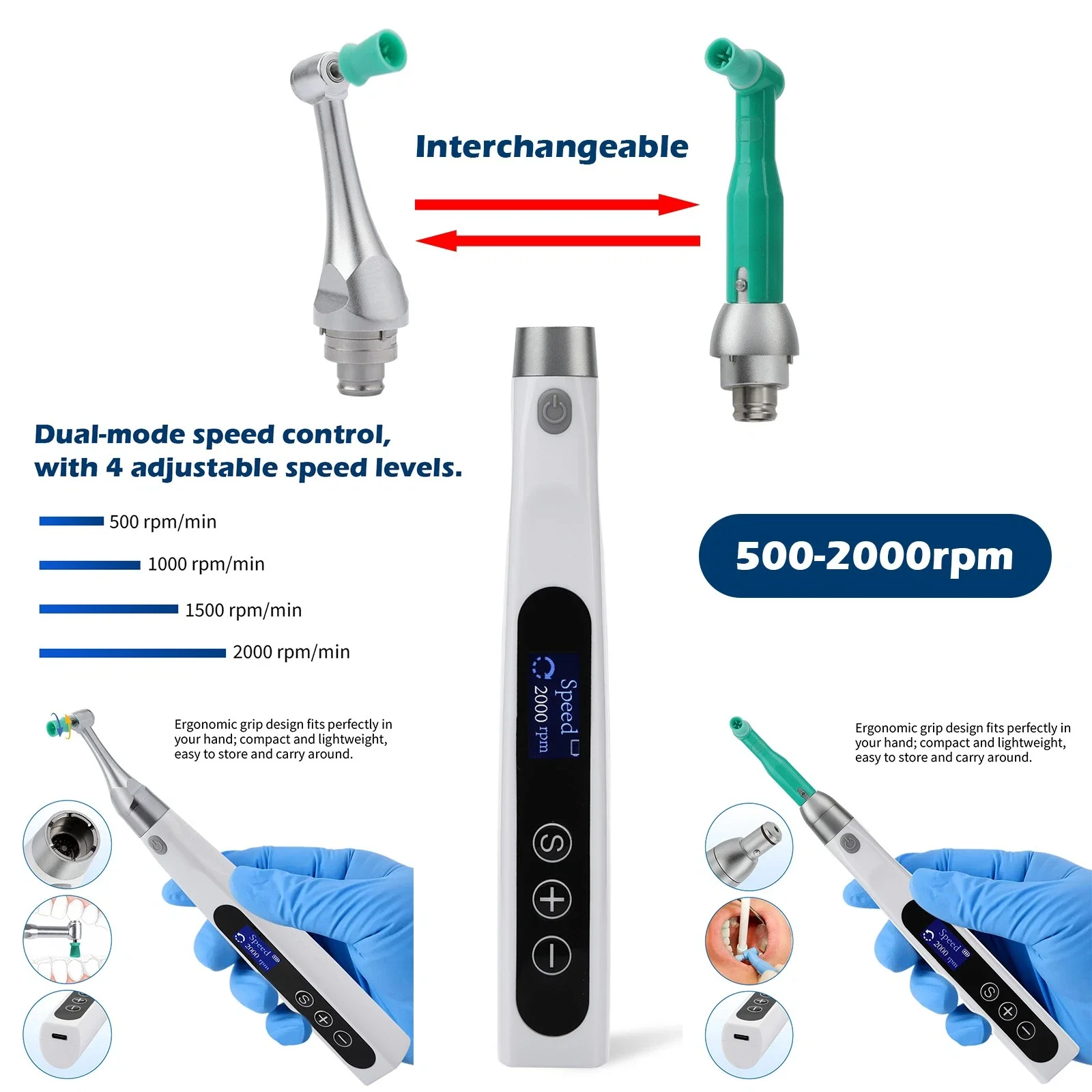 

Dental Electric Cordless Wireless Hygiene Prophy Polishing Handpiece 360° Swivel 2000rpm