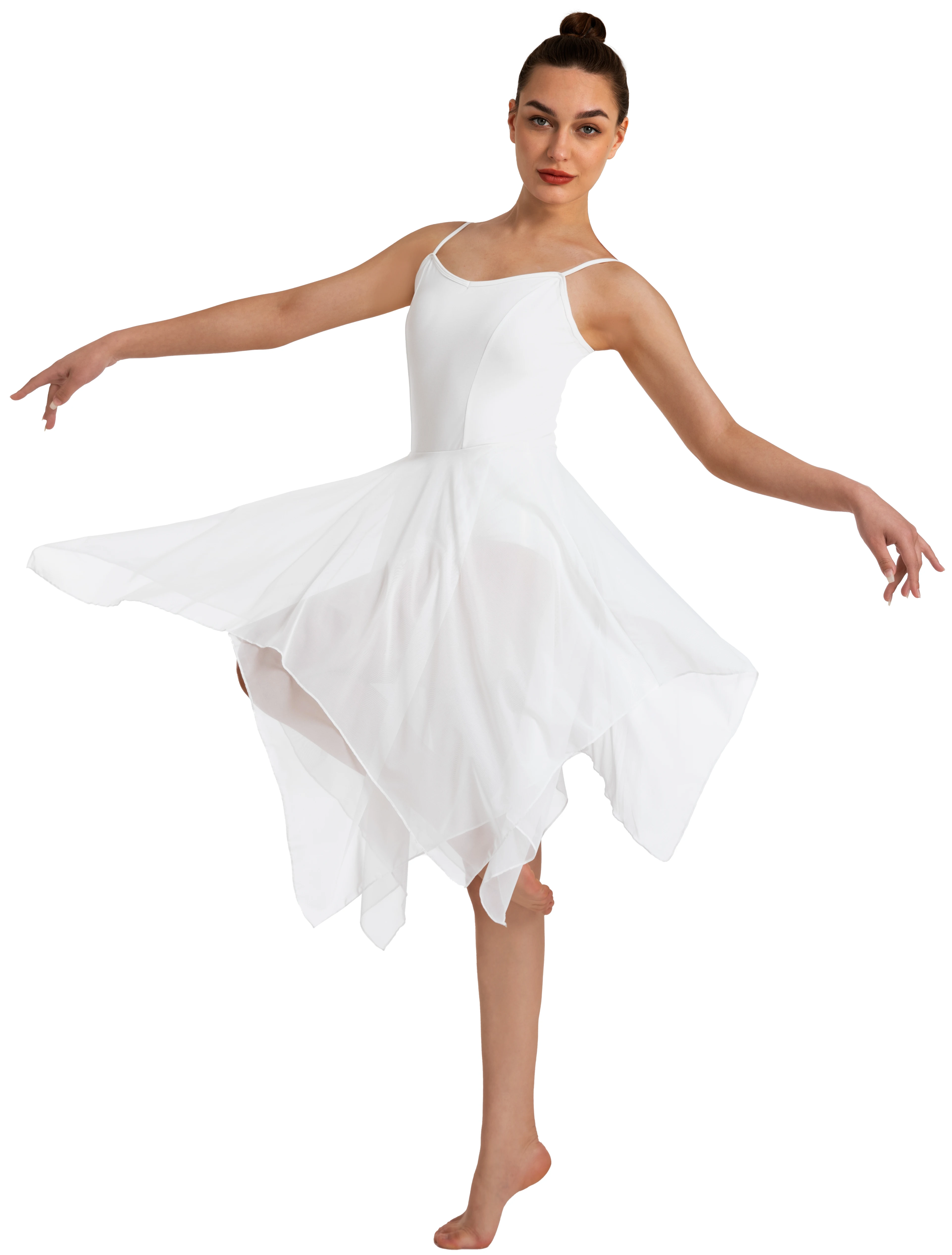 Women Modern Lyrical Dress Camisole Dance Costume Ballet Asymmetric High-Low Mesh Skirted Sleeveless Leotard Gymnastic Dancewear