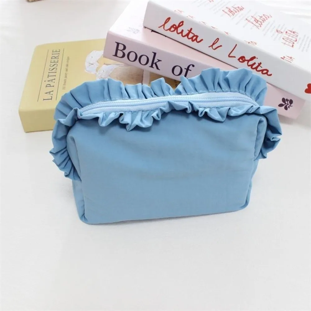 Sweet Solid Color Ruffle Makeup Bag Large Capacity with Zipper Cosmetic Cases Nylon Pencil Case Toiletry Organizer Women