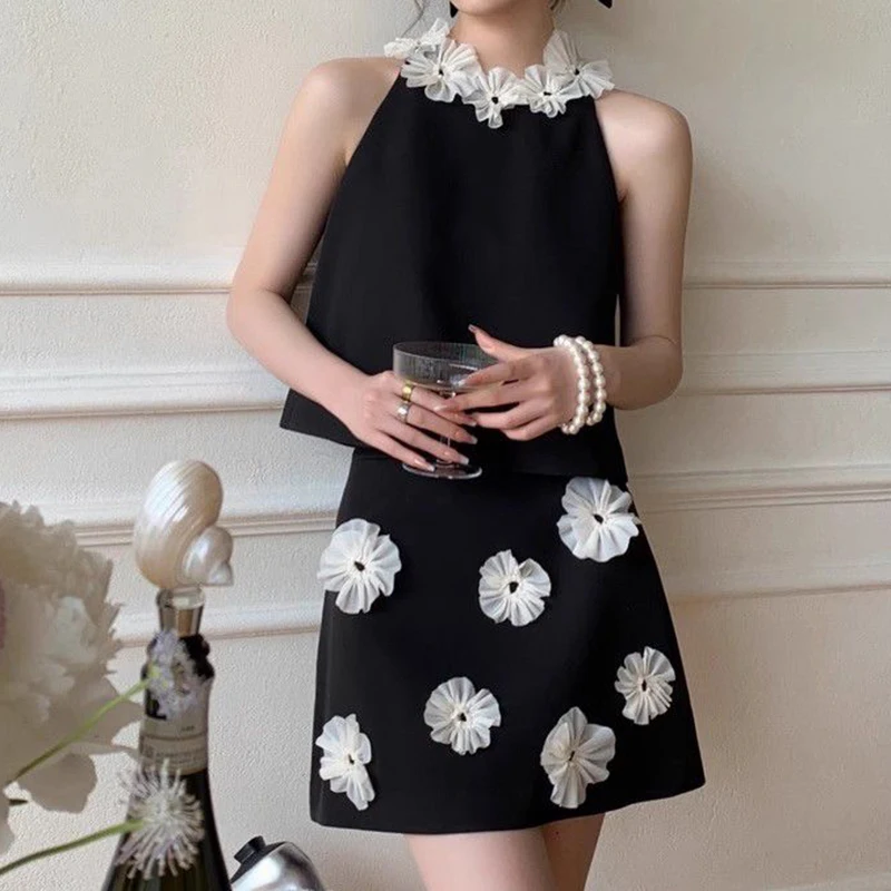 

2024 Summer New French Elegant Immortal Wealth Gang Gold Flower Tank Top Skirt Set women tops corset top