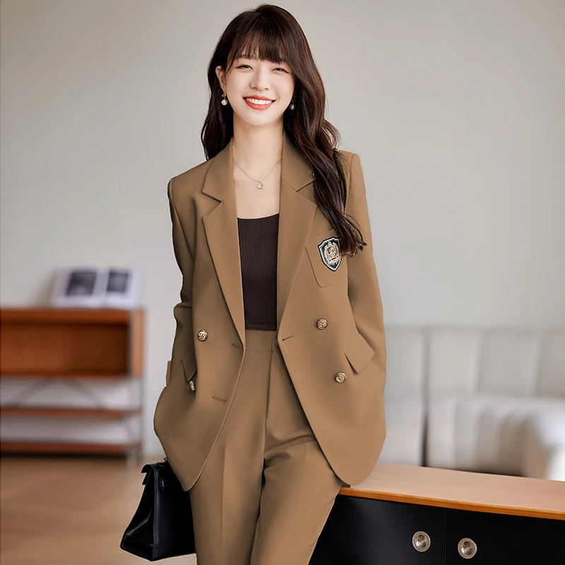 Women Elegant Work Blazer Suit Noted double breasted Jacket Coat Top And Pant Two Piece Set Matching Outfit Office Lady Clothing