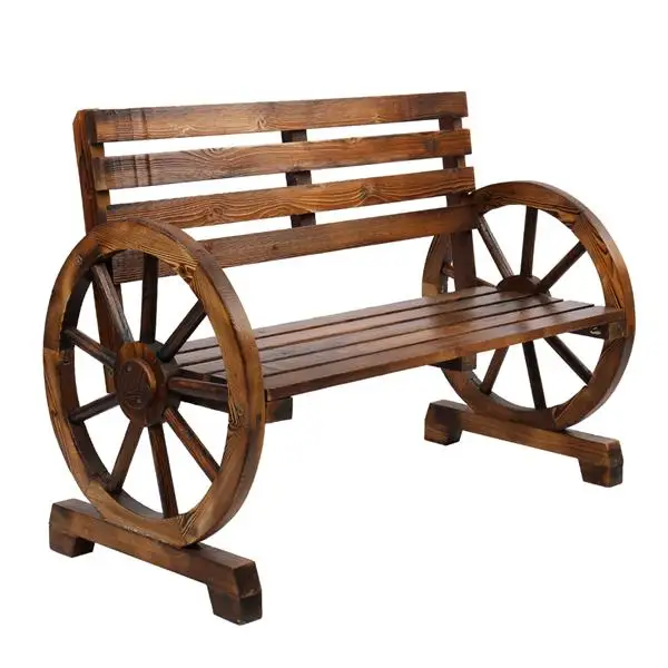 

Rustic 2-Person Wooden Wagon Wheel Bench with Slatted Seat and Backrest, Brown