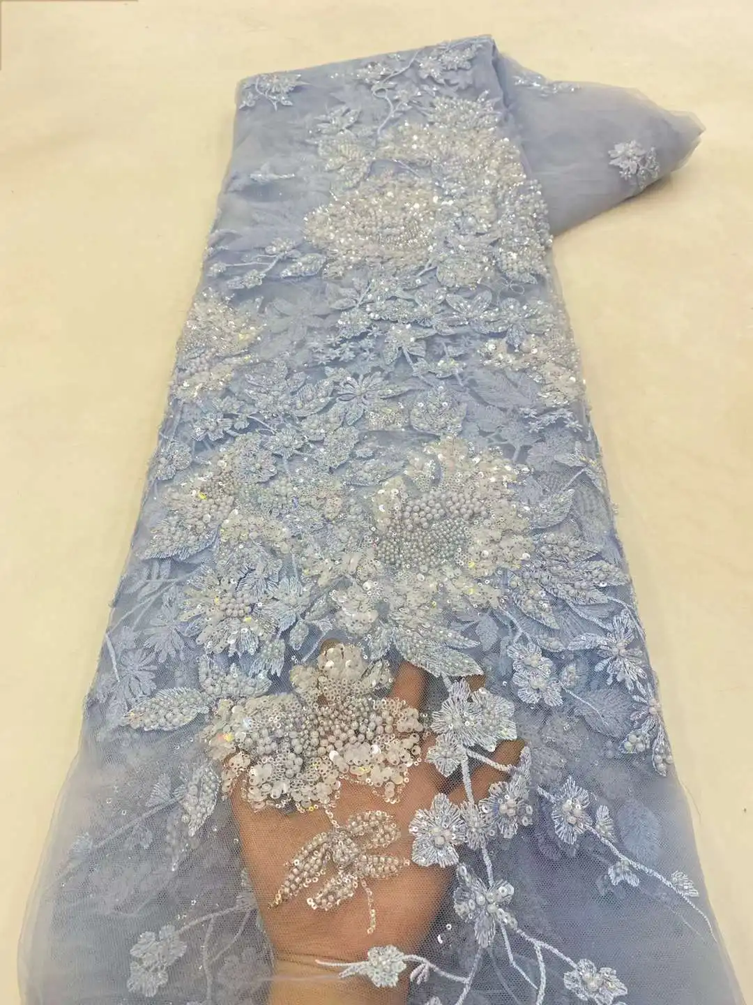 

Luxury African Groom Lace Fabrics 2024 High Quality Nigerian Beaded Embroidery Tulle Sequins Lace Fabric For Party Dress