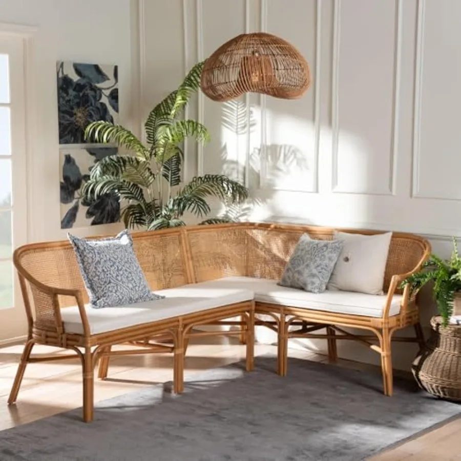 

Adede 2-Piece Natural Rattan Corner Bench Set - Handwoven Wicker L-Shaped Dining Nook Seating with Cushions, Boho Coastal Style
