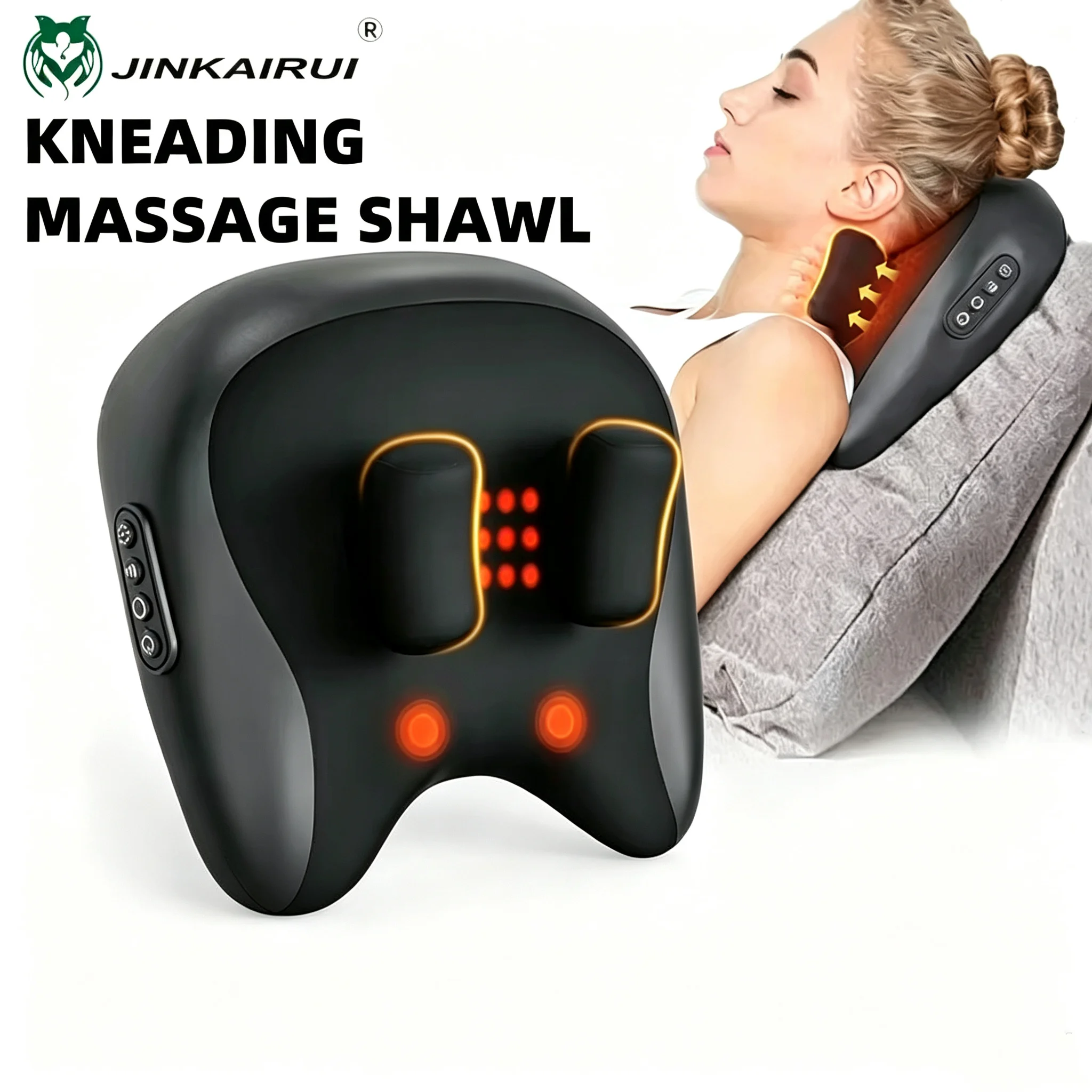 Jinkairui Rechargeable Trapezius Massage Pillow Kneading & Heat for Neck Leg Arm Car Home Use Premium Gift