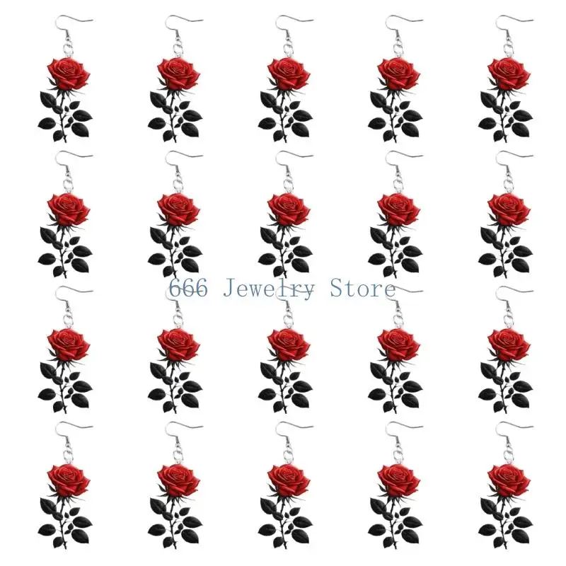 F2TD Flat Acrylic Rose Drop Earrings, 10 Pairs with Double-Sided Floral Print and Open Fishhook Ear Wires for Pierced Ears