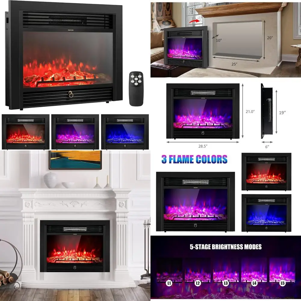 

28.5 Wall-Mounted & Freestanding Electric Fireplace, 750W/1500W, 3 Flame Colors, 5 Heat Settings