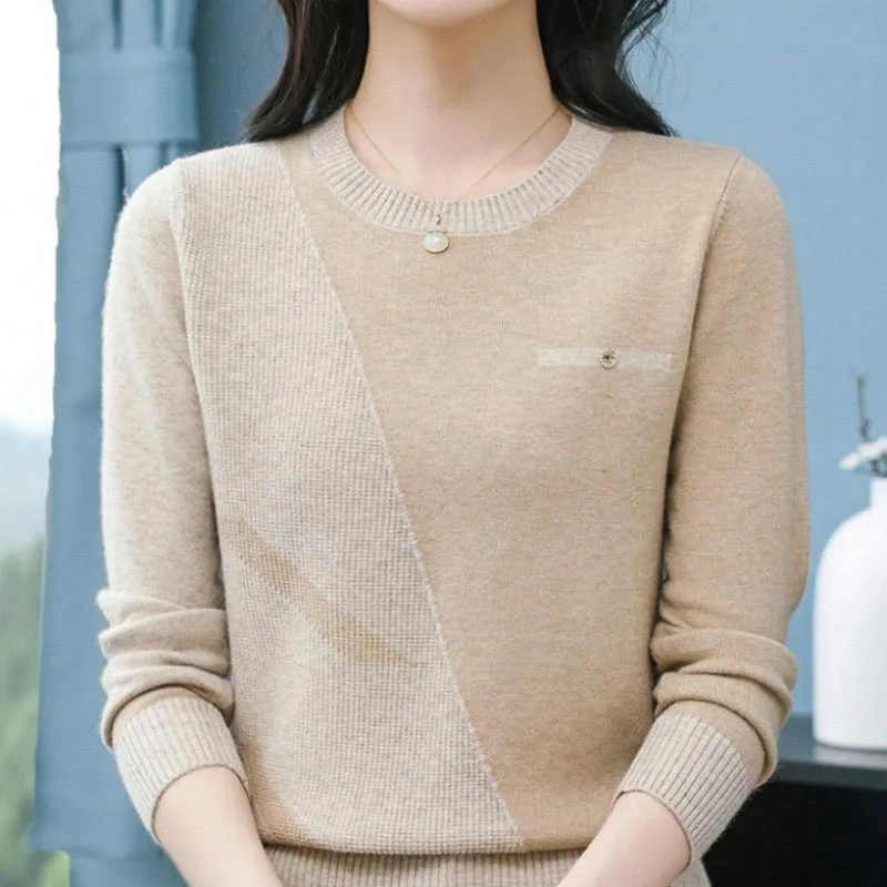 الملابس النسائية خمر موضة متماسكة الصوف البلوفرات الخريف الشتاء جديد أنيق شيك المرقعة س الرقبة البلوزات سيدة كل مباراة