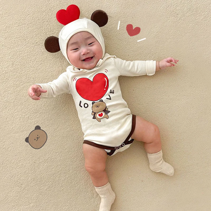 

Korean Infant Baby Boys Girl Bodysuit Clothes Kawaii Funny Cartoon Bear Print Long Sleeve Love Model Newborn Overall Onesie