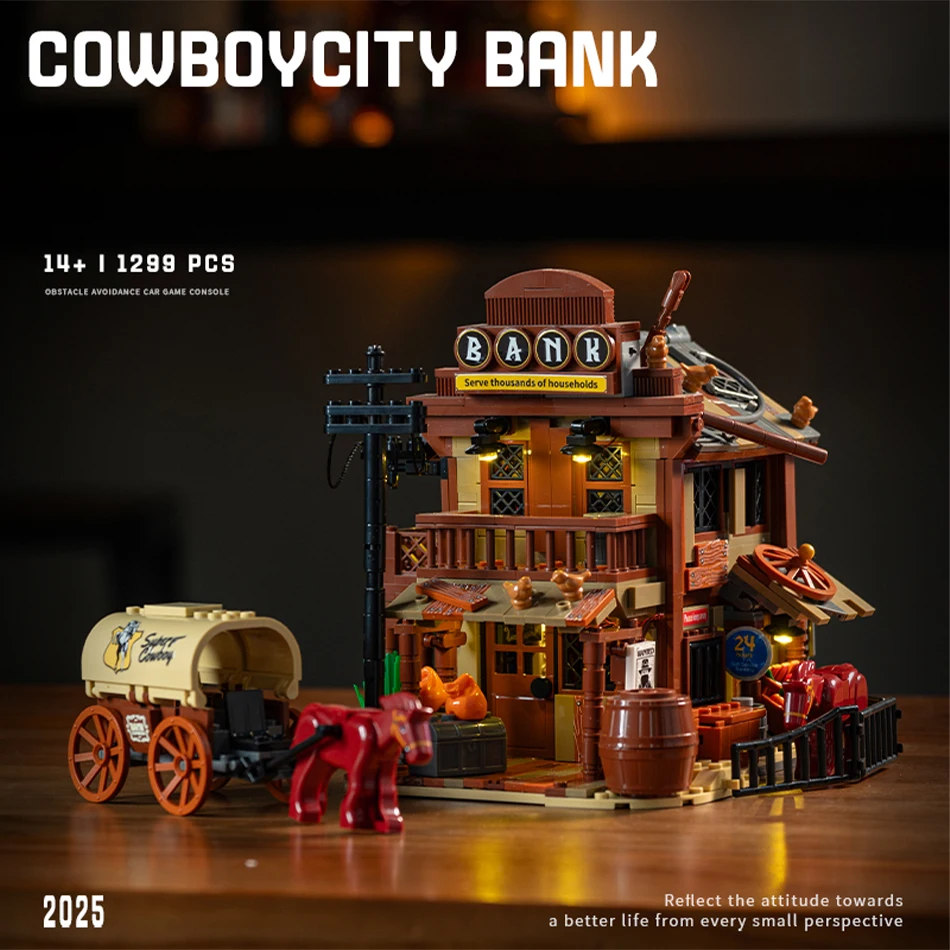 

MOC American Western Cowboy City Bank Stagecoach Street View Building Blocks West Town Carriage Assembly Bricks Toys Kids Gifts