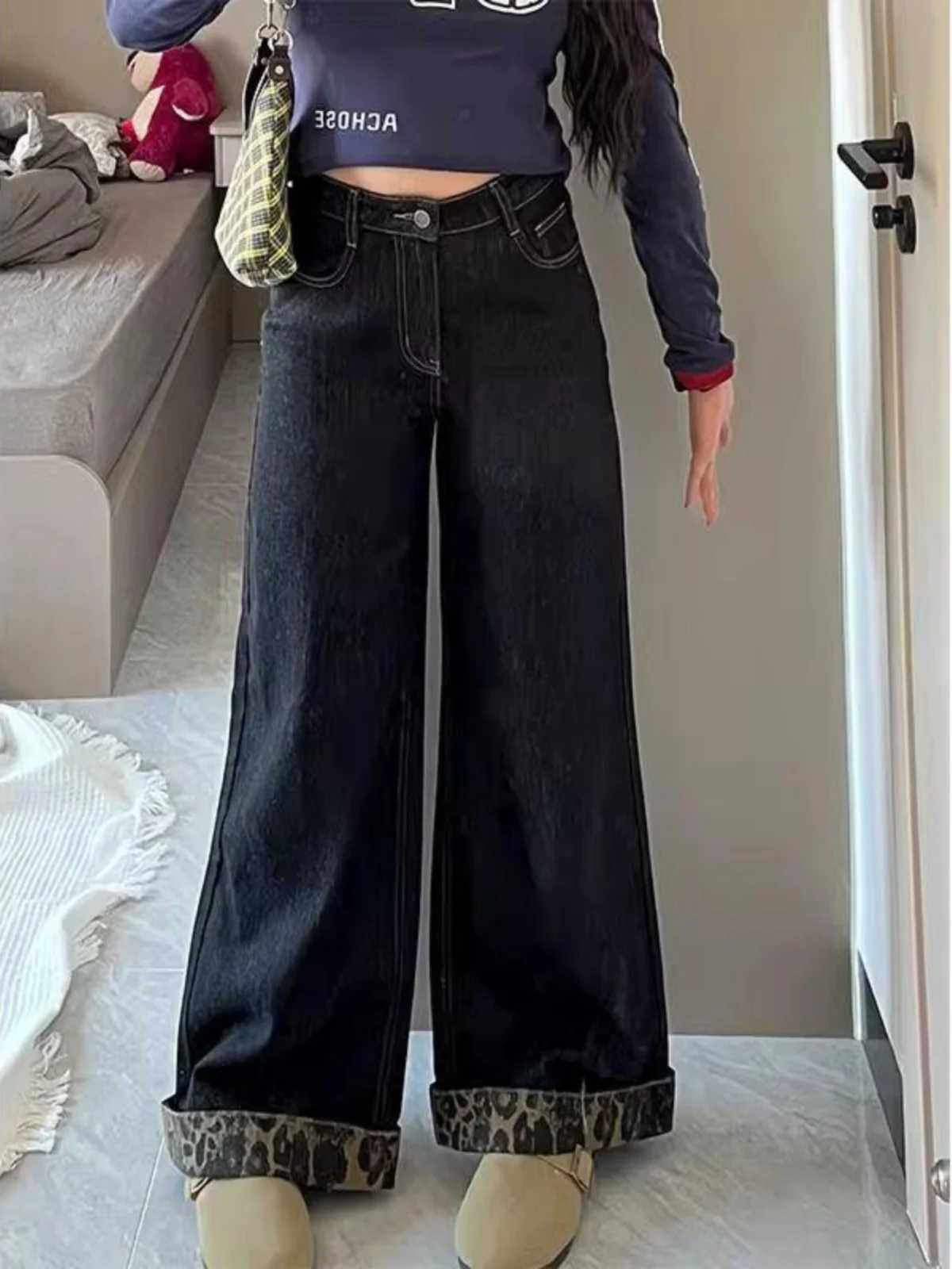 High Waist Wide Leg Denim Jeans Women's Spring Lazy Loose Feel Leopard Print Patchwork Cuffed Jeans Casual Long Pants