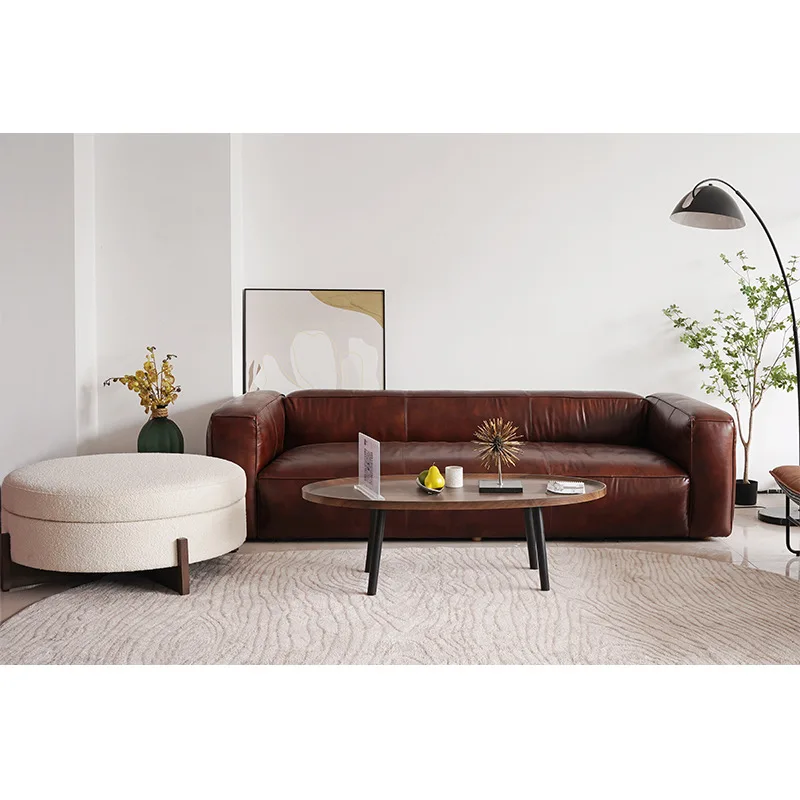 

Internet celebrity homestay cowhide bread sofa three-person living room leather sofa