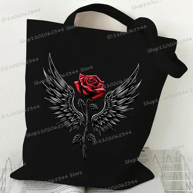 Gothic Rose Wing Print Shoulder Bag Women Vintage Plant Flower Style Shopping Bag Teen Fashion Floral Canvas Ladies Tote Handbag