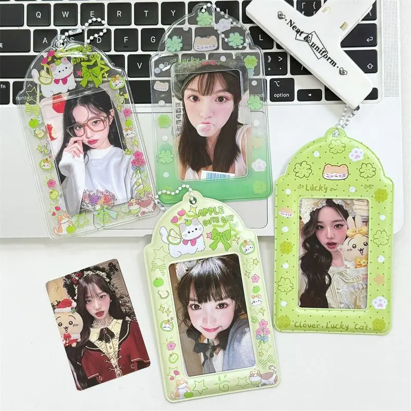 2 piezas de bonitos soportes para tarjetas de gato de dibujos animados, estilo Ins en tono verde, colgante de PVC para guardar fotos de ídolos Kpop