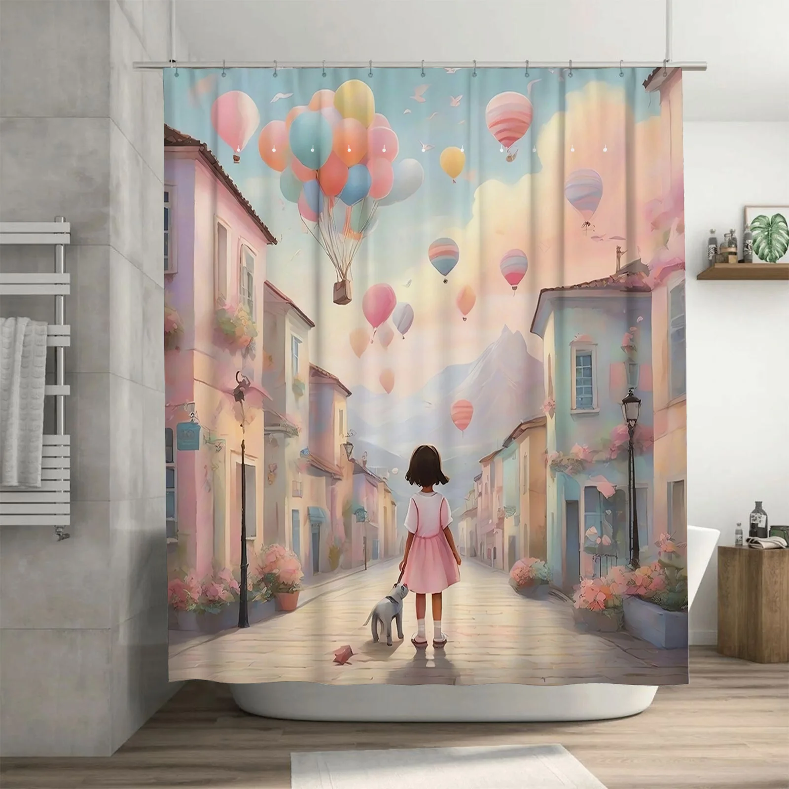 

Занавеска для душа с девушками и воздушными шарами | Мечтательный декор для детской ванной комнаты