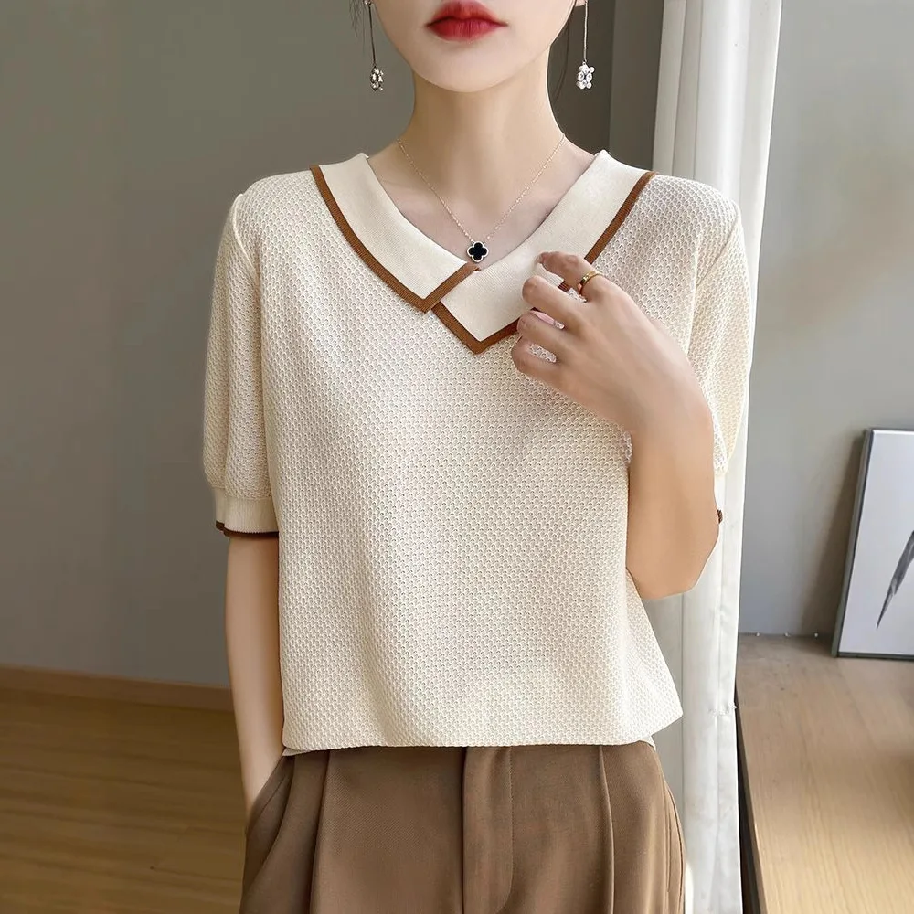 2025 sommer Neue Mode Schräg V-ausschnitt Frauen Eis Seide Gestrickte Kurzarm T-shirt Einfache Feste Farbe Weibliche Casual Tops