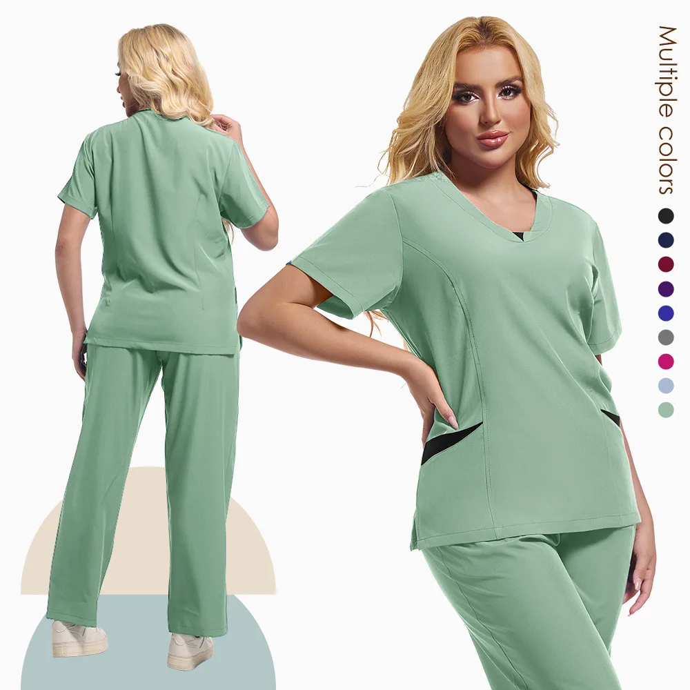 Elastyczna odzież z krótkim rękawem i dekoltem w kształcie litery V, szczotkowana do klinik dentystycznych, salonów kosmetycznych, sal operacyjnych i pielęgniarek