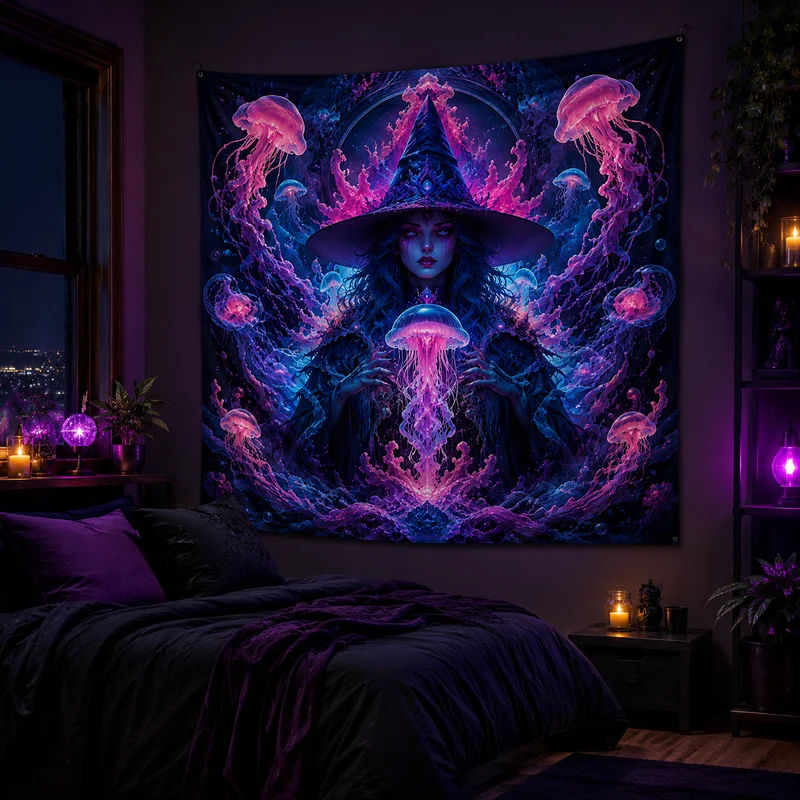VIKAMA Purple Pink Neon Jellyfish Witch Tapestry Deep Sea Jellyfish Magic Witch Star Moon Array Purple Blue Fan Room Decoration