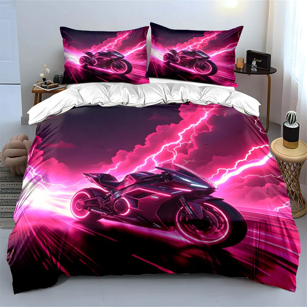 Cyberpunk Pink Neon Motorcycle Bedding Set, Lightning Cloud Sport Bike Print Set,Cool 3PCS For Boys Motorcycle Fans Room Decor