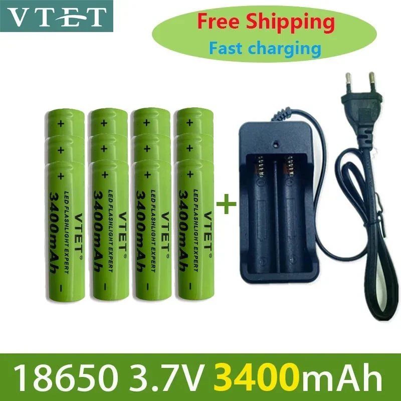 2024 Battery Rechargeable Battery 3.7V 18650 3400mAh Capacity Li-ion Rechargeable Battery for Flashlight Torch Battery+Charger