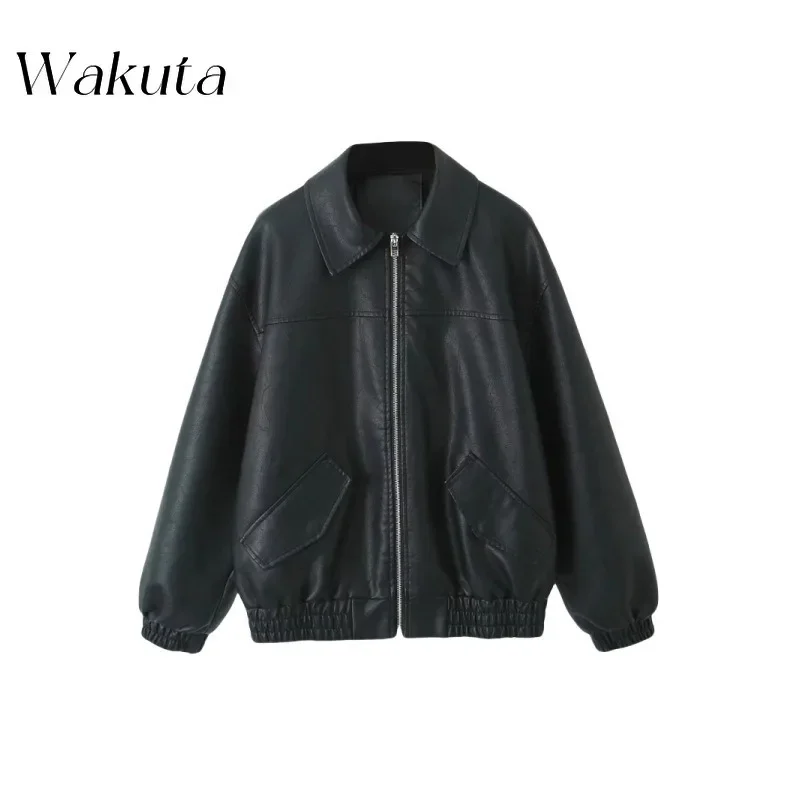 WAKUTA Autumn Classic Collar Zipper Long Sleeve Faux Leather American Retro Basic Simple Loose Casual Street Trendy Leather Tops