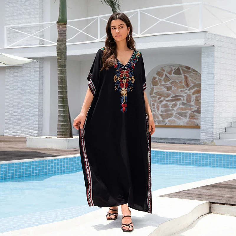 Women's Plus Size Cotton Embroidered Long Dress Beach Cover Up for Vacation Sun Protection Loose Casual Maxi Dress