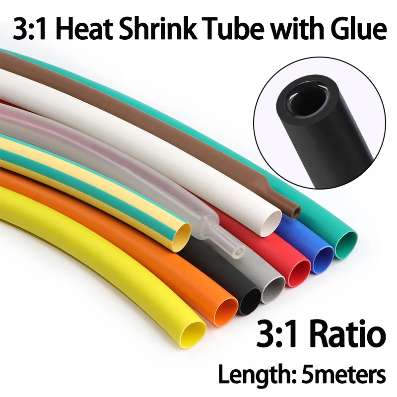 5Meters 3:1 With Glue Dual Wall Heat Shrink Tube 1.6-50mm Colorful Adhesive Lined Polyolefin Shrinkin ﻿Wrap Cable Protect Sleeve