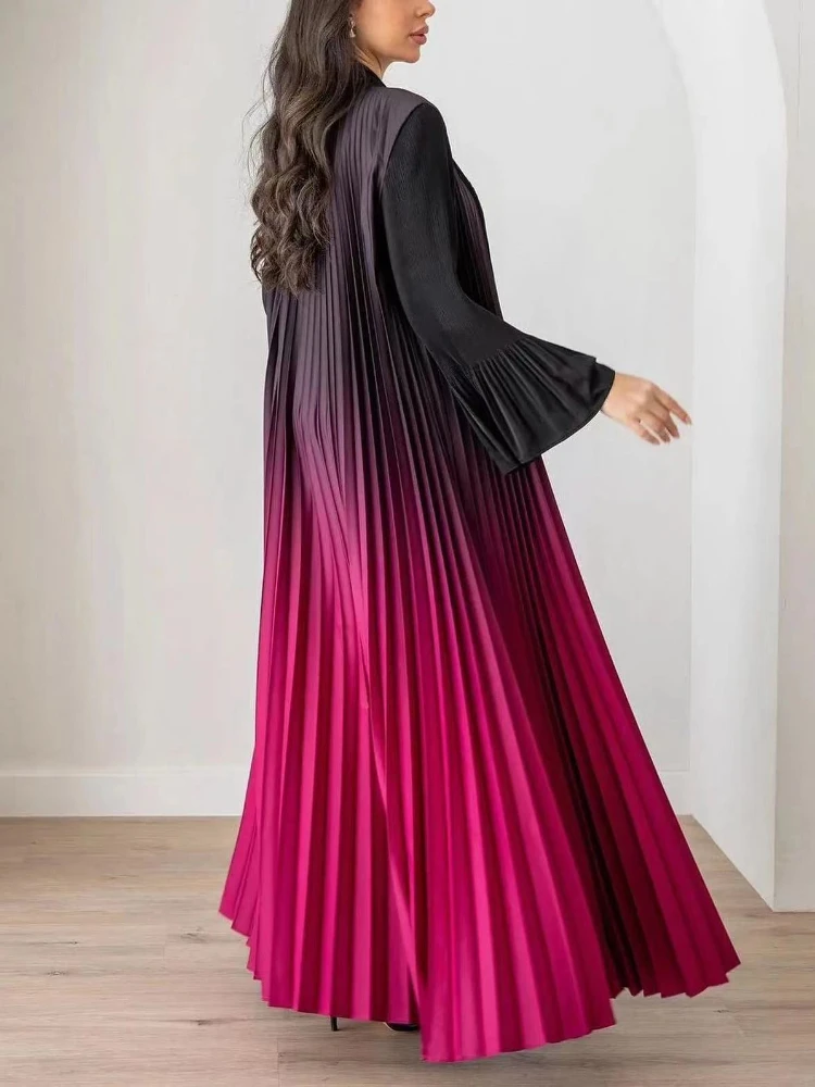 Pleated Gradient Muslim Abaya Women Abayas Saudi Arab Flare Sleeve Cardigan Dress Caftan Maxi Vestidos Morocco Kaftan Long Robe