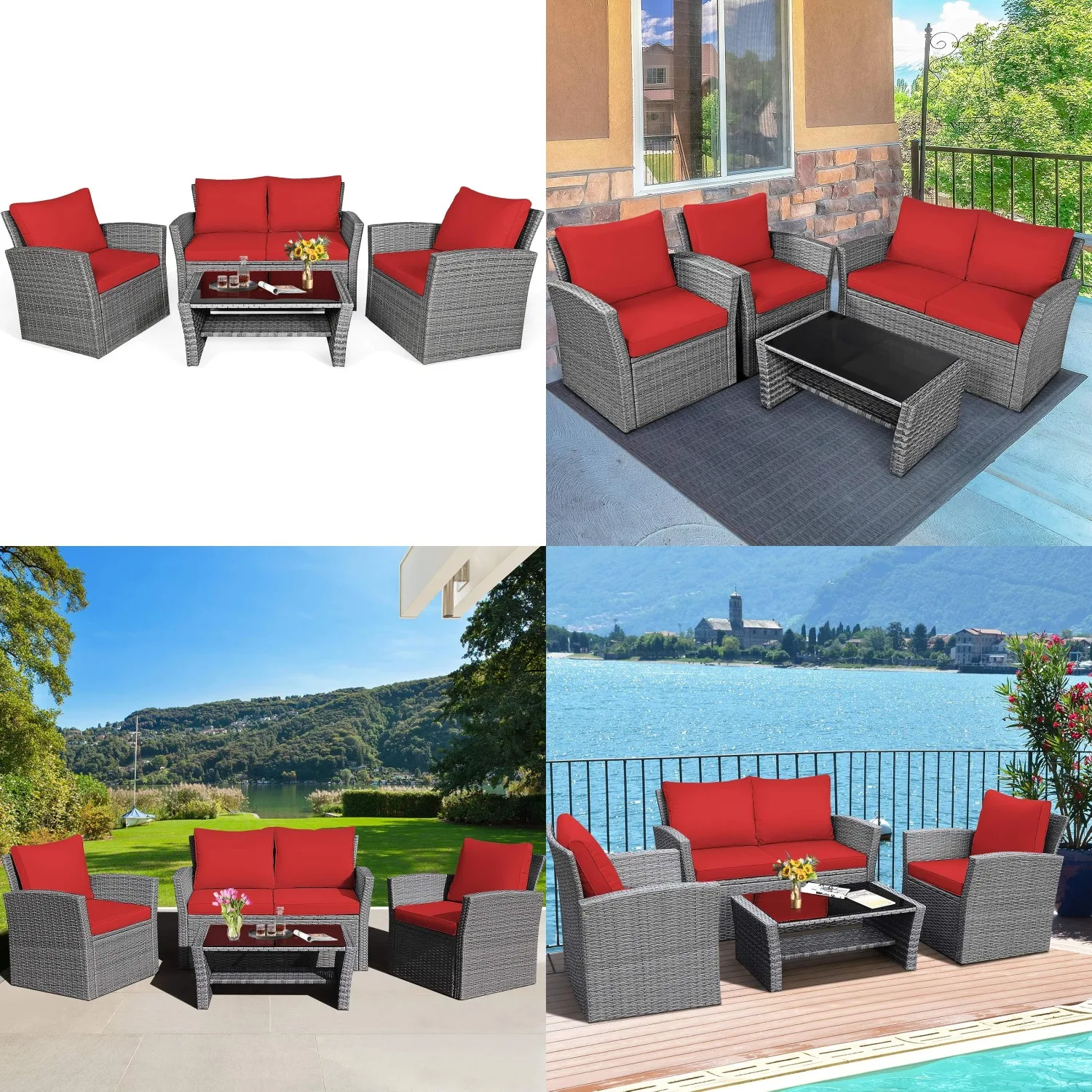 

4pc Rattan Patio Set Cushions Coffee Table Sectional Sofa Garden Balcony, Customized