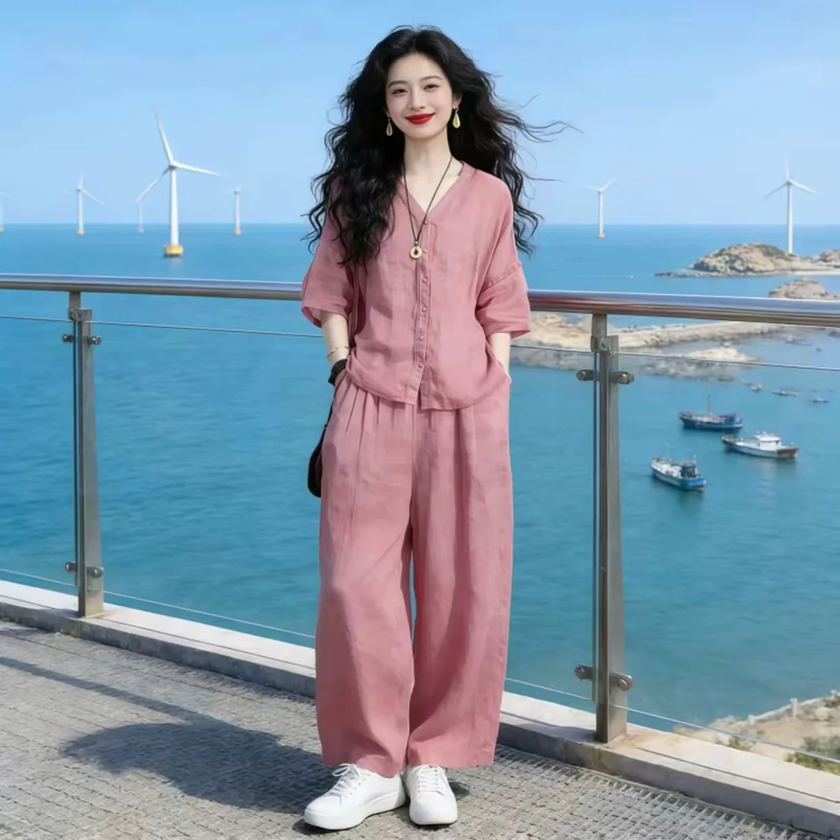 Fashionable Casual V-Neck Shirt And Wide Leg Pants Two-Piece Set for Women Breathable Polyester Blend Summer Outfit image 2