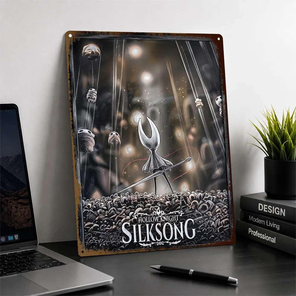 Hollow Knight Silksong Puppet Stage Printed Poster Personalized Aluminum Metal Sign Dark Realm Style Wall Art Enhances Bedroom