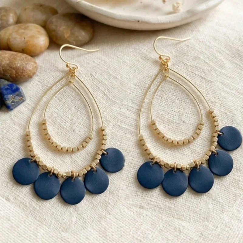 Bohemian Style Double Layer Tassel Geometric Teardrop Earrings for Women Hand-Strung Asymmetrical Frosted Round Discs Jewelry