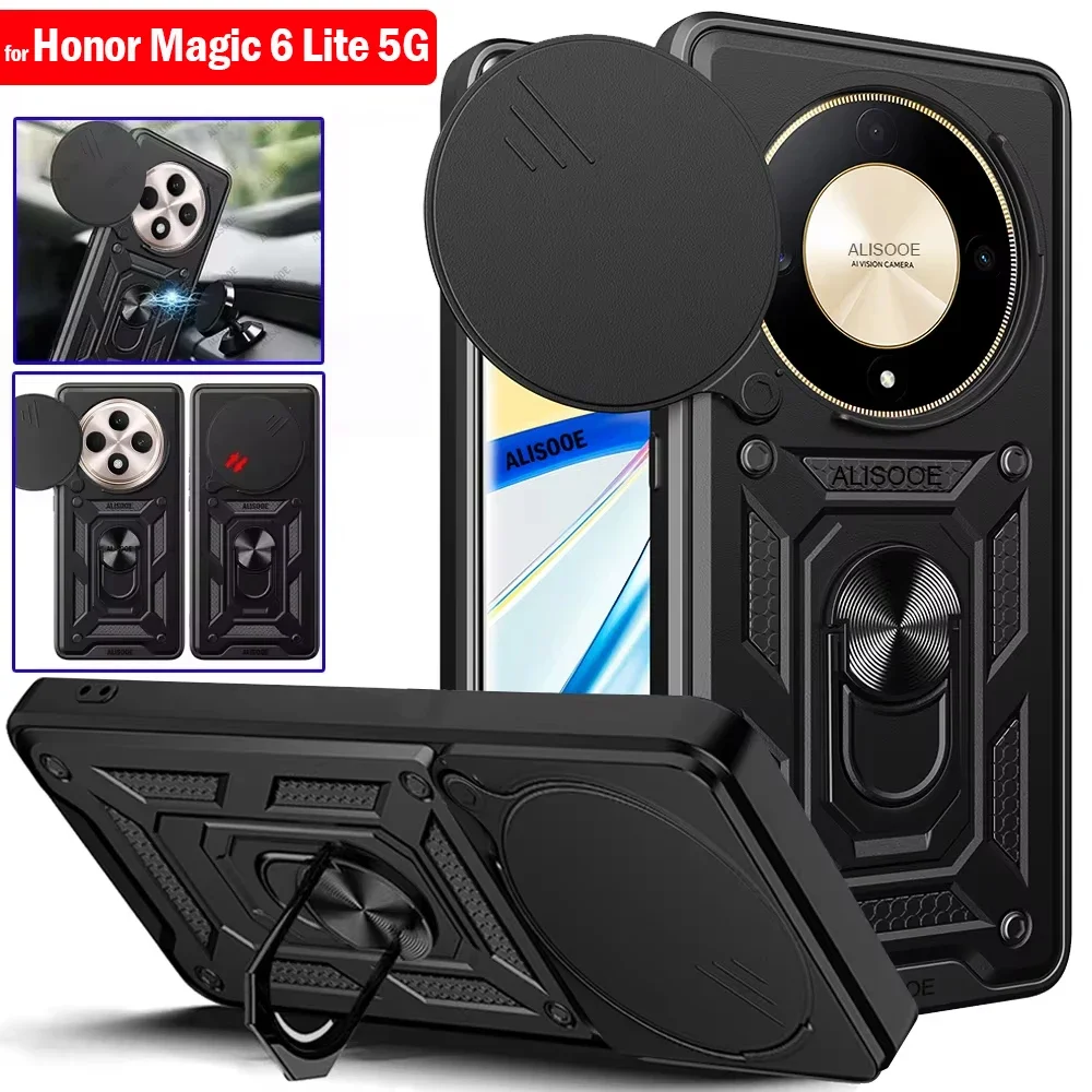 Armor Funda for Honor Magic 6 Lite 5G Case Slide Camera Protection Ring Stand Protection Cover for Honor Magic6 Lite Capa